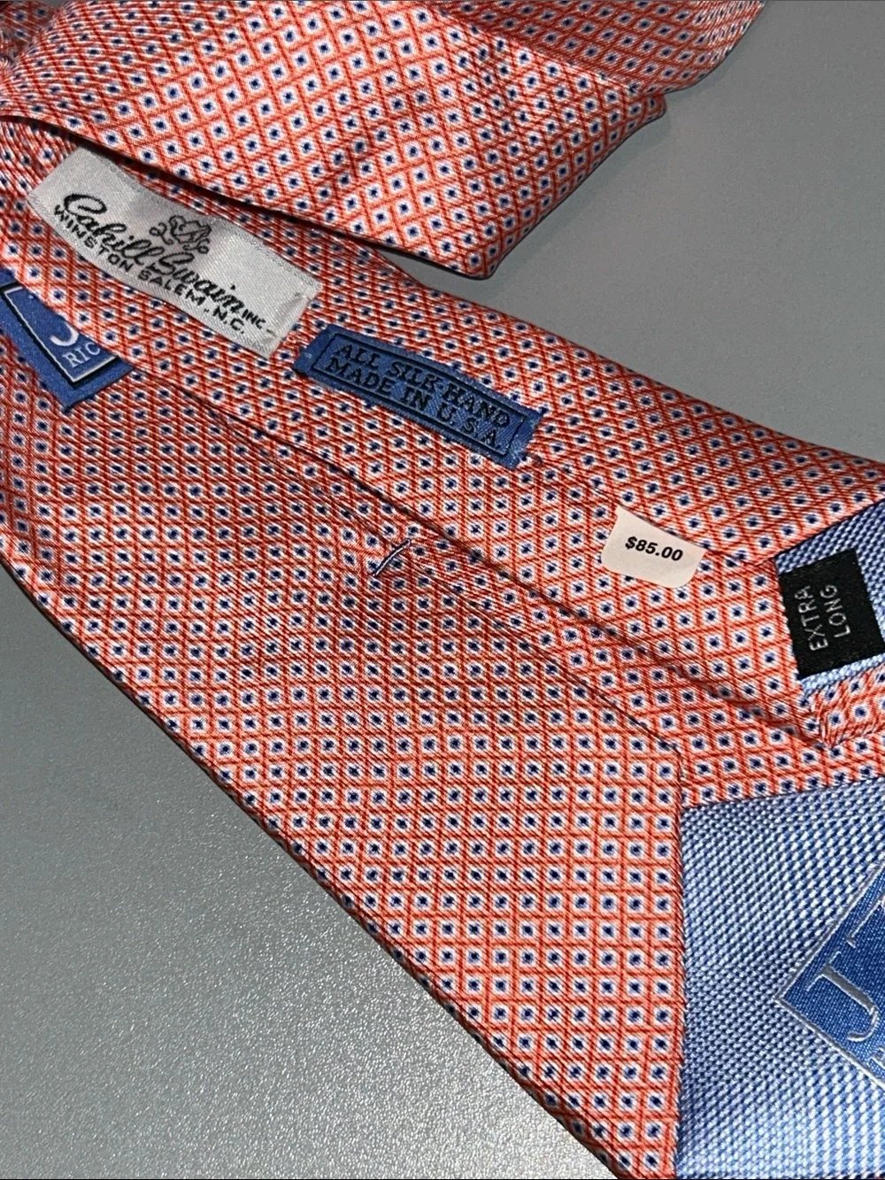Orange Geometric Silk Tie with Navy Accents Extra Long 64”x 3”1/4